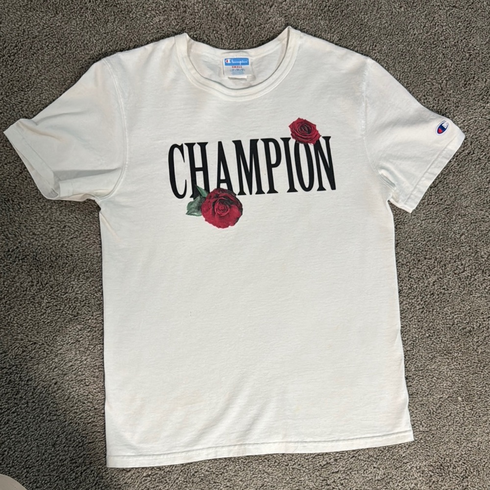 Champion White T-Shirt with Rose Design